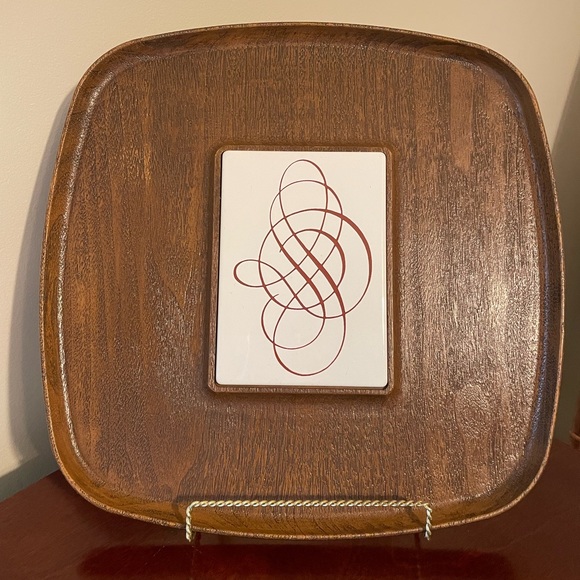 MCM, Faux Wood Cheese Tray with White Porcelain/Ceramic Tile Inlay by Westwood - Picture 1 of 5